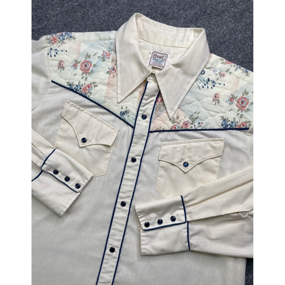 H Bar C Western Shirt Mens L Cream Floral Quilted Pearl Snap Long Tail Vintage